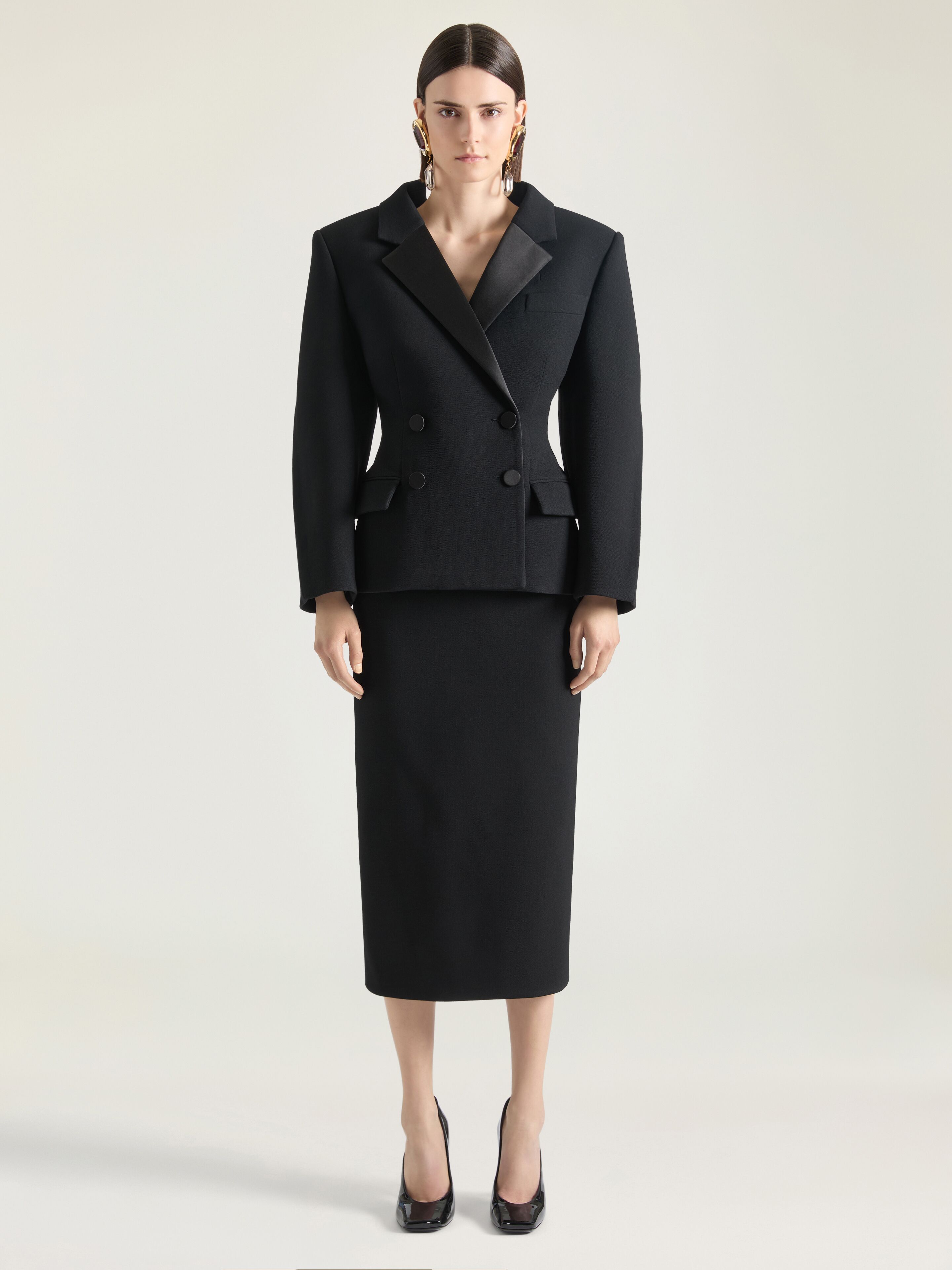 Double breasted slashed tuxedo jacket in wool